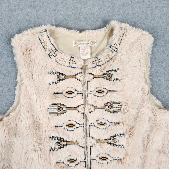 Flying Tomato Vest Women Size Small Faux Fur Pockets Open Front Aztec Embroidery - Picture 6 of 12